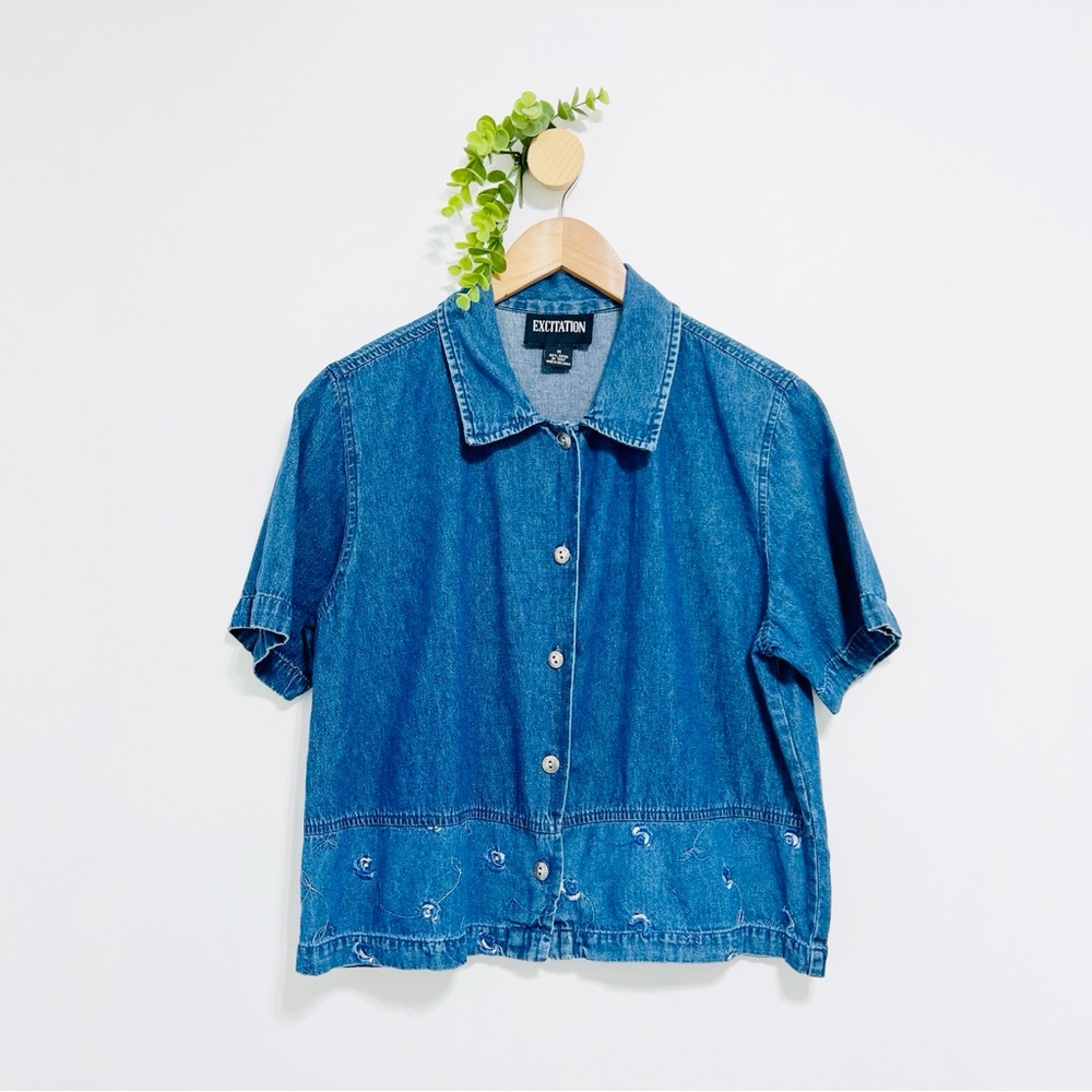 Vintage Excitation Denim Button Front Floral Embroidered Shirt - Picture 2 of 6